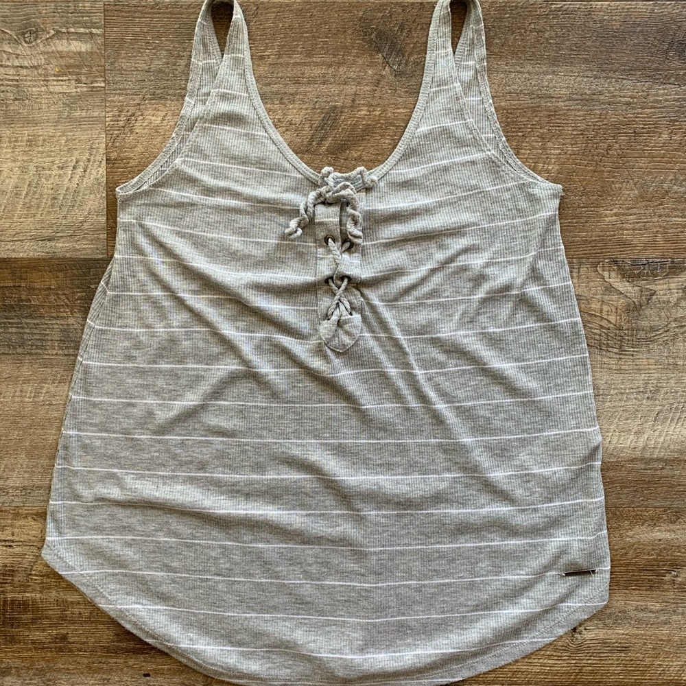 A&F WMNs SM Gray White Stripe Essentials Tank Top